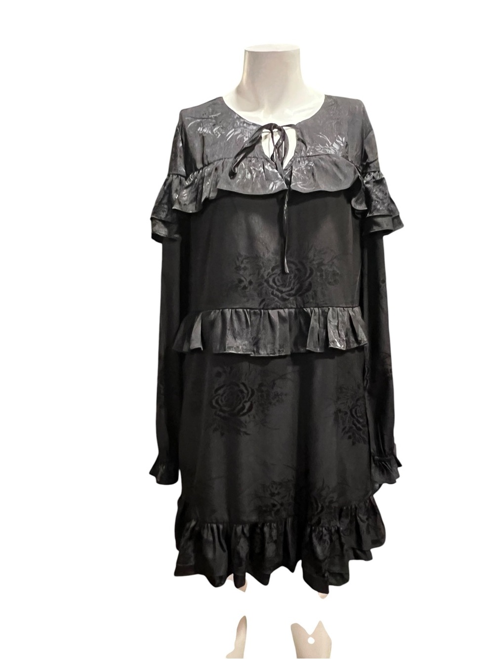 Vintage Black Ruffle Detail Long-Sleeve Dress
